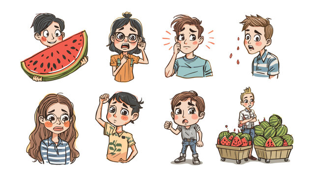 Melon Mishaps: A collection of lighthearted illustrations depict a series of relatable summer scenarios and the funny aftereffects of biting into the summer's favorite fruit, watermelon. 