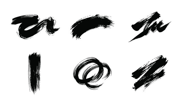 set of six dynamic black ink splatter and stroke brushes vector illustration