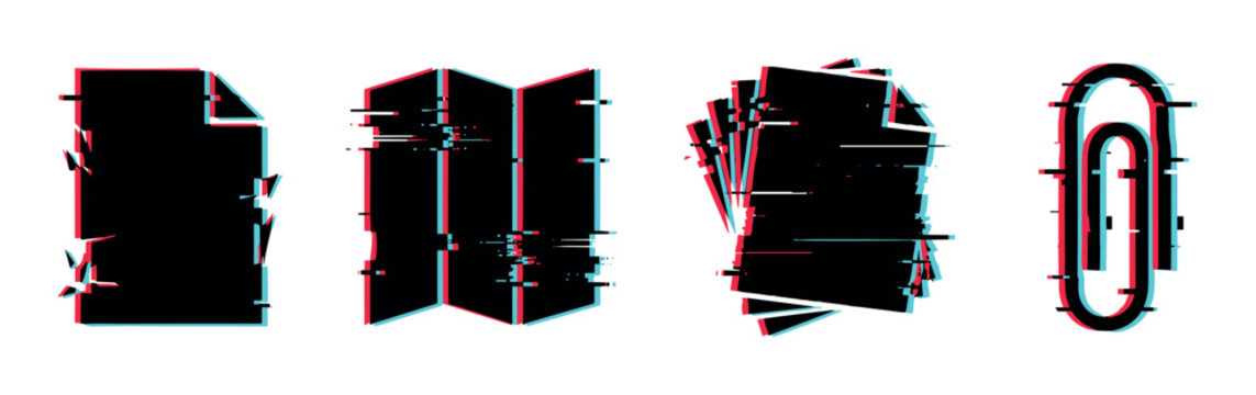 Document file map paperclip icons with digital glitch effect, vector illustration set for data corruption or error concept