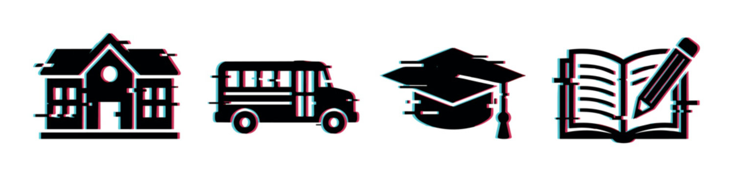 School building bus graduation cap book pencil icons with glitch effect, vector illustration for education and learning concepts