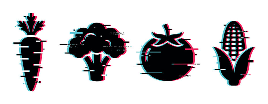 Carrot broccoli tomato corn vegetables icons with glitch effect, a modern digital art vector illustration
