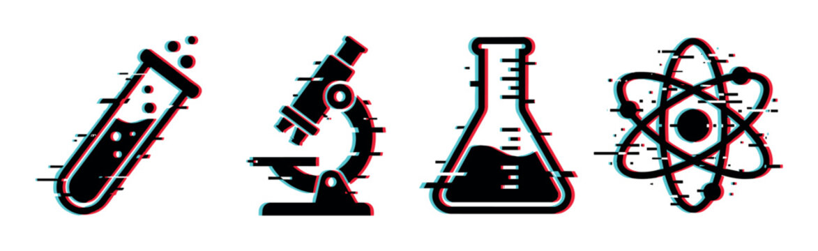 Test tube microscope flask atom icons with glitch effect, representing science, chemistry, and research
