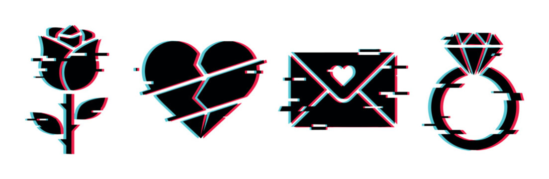 Rose broken heart love letter diamond ring icons with modern glitch effect vector illustration