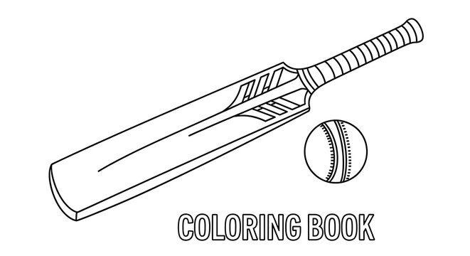 Cricket bat and ball illustration black and white line art for coloring