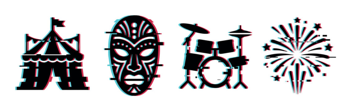 Circus tent, tribal mask, drum kit, and fireworks icons with a modern glitch effect vector illustration