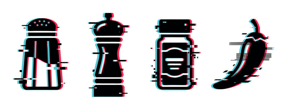 Salt pepper shaker spice jar chili pepper icons with glitch effect vector illustration