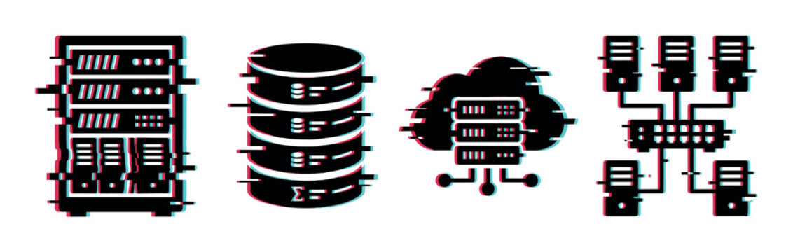 Server rack database cloud network icons with glitch effect, representing data storage, hosting, and connection concepts