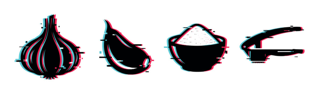 Garlic eggplant sugar bowl nutcracker icons with glitch effect, vector illustration for cooking and kitchen themes