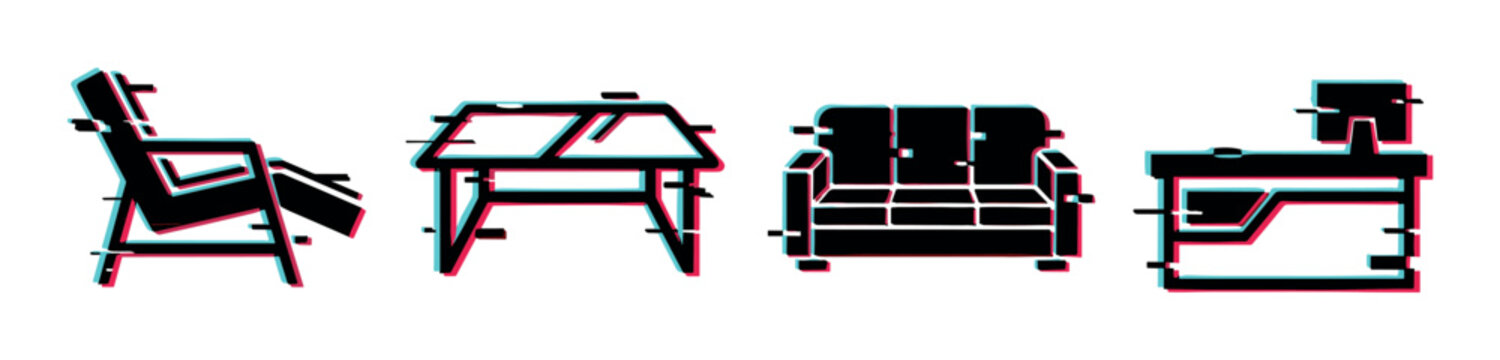 Chair, table, sofa, and desk furniture icons with a modern glitch effect vector illustration