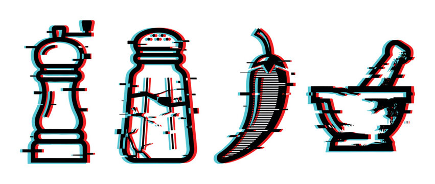 Pepper mill shaker chili mortar pestle icons with glitch effect, vector illustration set for cooking and kitchen themes