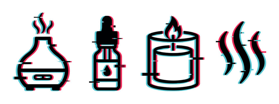 Aromatherapy diffuser essential oil bottle candle steam icons with glitch effect, vector illustration