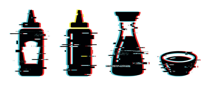 Ketchup mustard soy sauce bottle bowl icons with digital glitch effect, vector illustration set