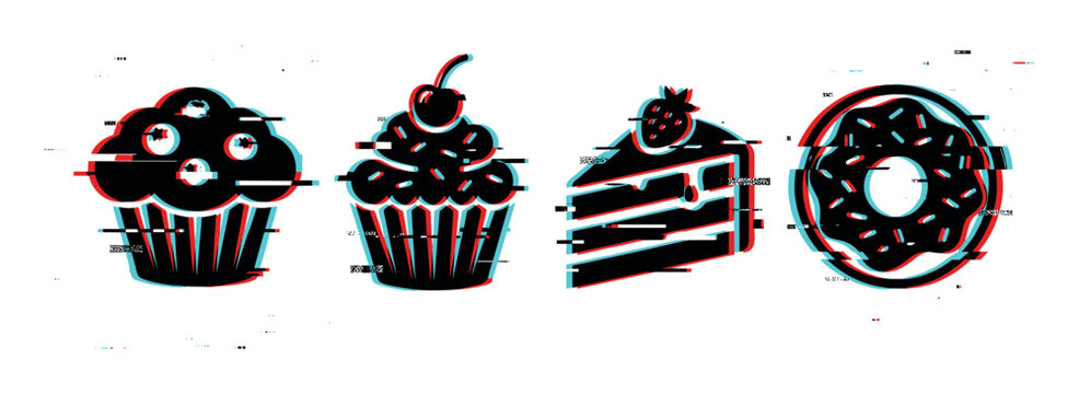 Cupcake, muffin, cake slice, and donut dessert icons with modern glitch effect vector illustration