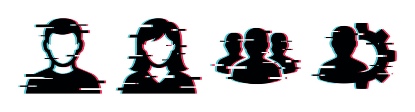 Male female user group profile settings icons with glitch effect, a modern digital vector illustration set