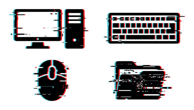 Computer monitor, CPU, keyboard, mouse, and folder icons with a modern glitch effect, vector illustration set