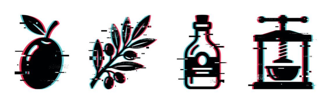 Olive fruit branch oil bottle press machine icons with glitch effect, vector illustration