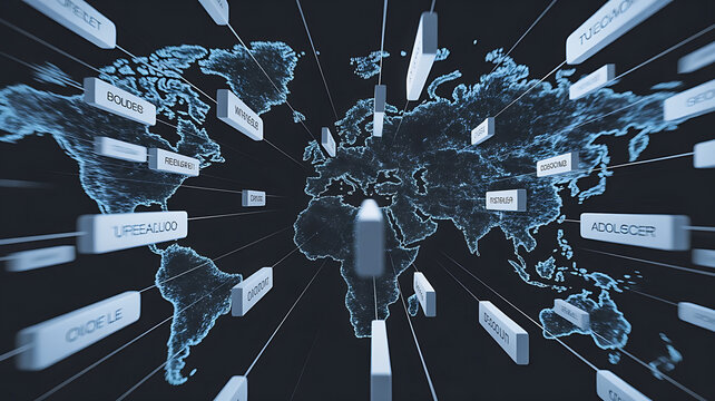 Artificial intelligence translation network with multilingual communication streams representing global connectivity and language processing technology