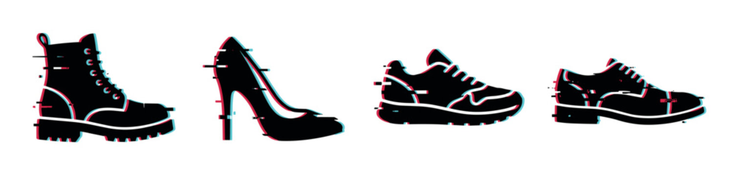 Boots high heels sneakers brogues shoes glitch effect icon set vector illustration