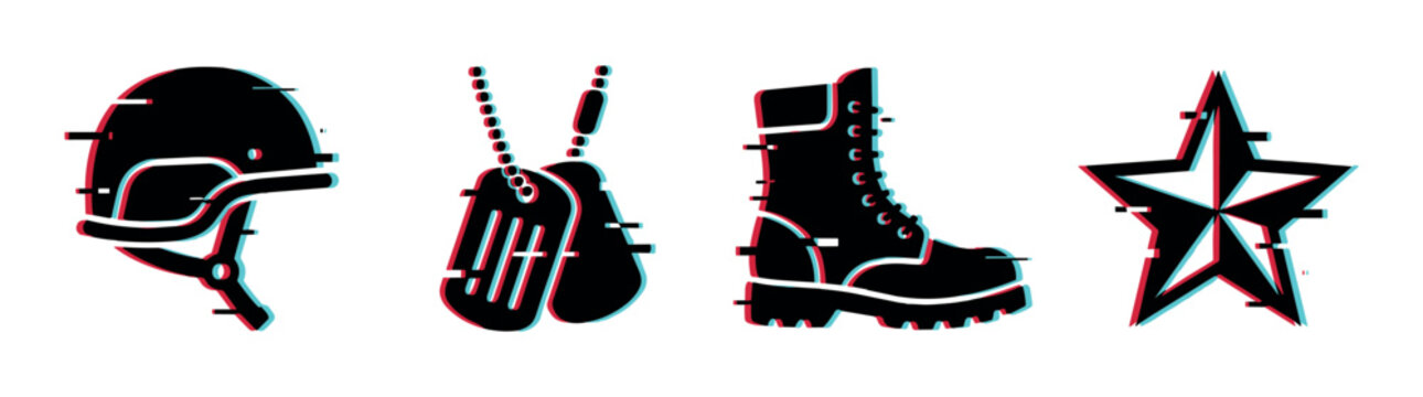 Military helmet dog tags boot star icons with glitch effect, vector illustration in flat design style