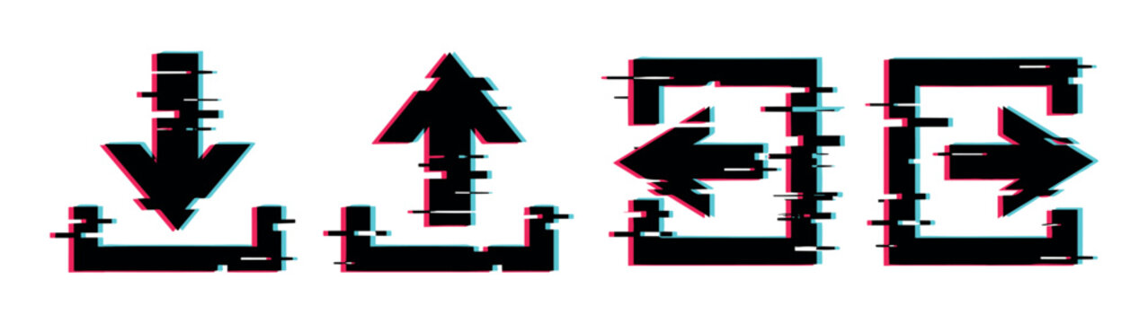 Download upload left right arrows icon set with modern glitch effect, digital distortion, and RGB shift for web and app design