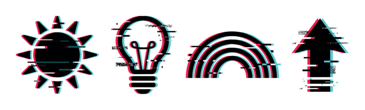Sun lightbulb rainbow arrow icons with a modern digital glitch effect, perfect for technology and abstract design projects