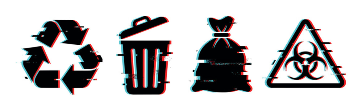 Recycle bin bag biohazard sign icons with digital glitch effect vector illustration