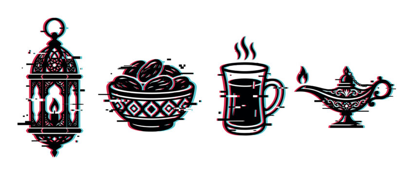 Ramadan lantern, dates bowl, hot tea cup, and magic lamp icons with glitch effect, vector illustration