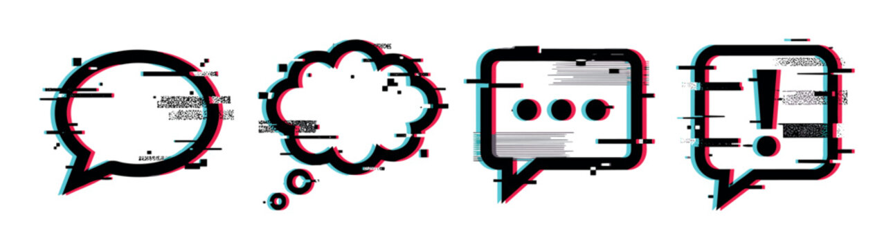 Speech bubble thought message exclamation mark icons with a modern glitch effect vector illustration