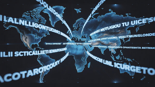 Artificial intelligence translation network with multilingual communication streams representing global connectivity and language processing technology