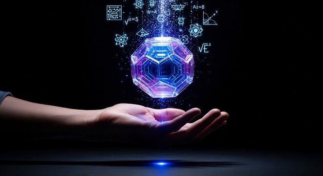 Futuristic Holographic Orb Levitating Above Hand with Scientific Symbols.