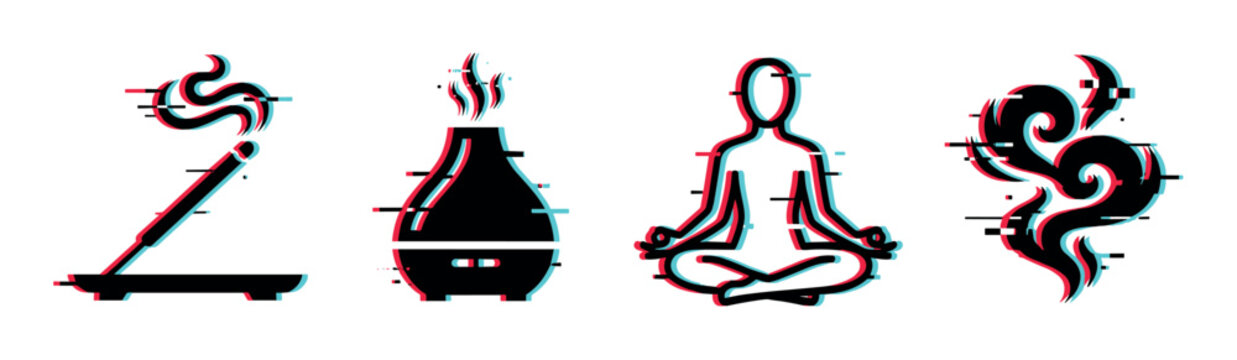 Incense stick diffuser meditation yoga icons with glitch effect, vector illustration