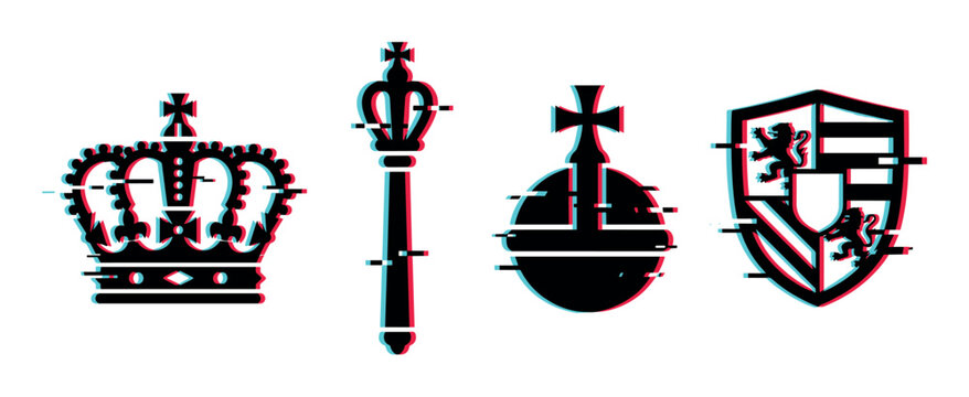Crown scepter orb shield royal symbols with glitch effect vector illustration set