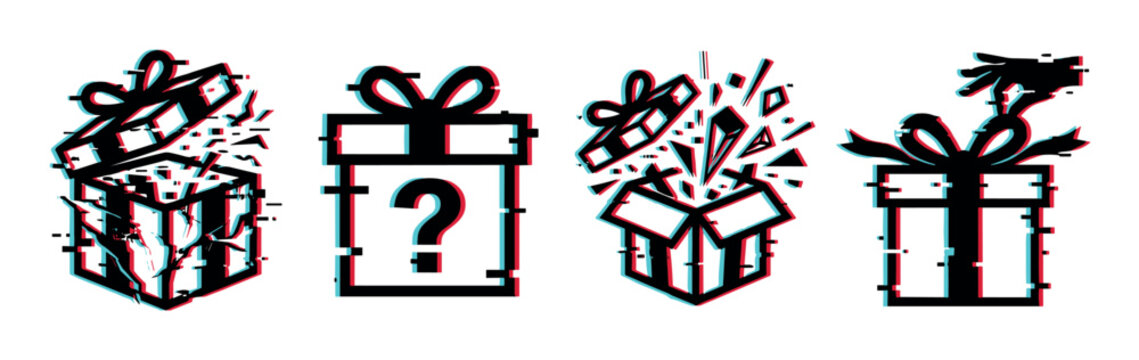 Gift box surprise present icons with question mark and exploding elements in a modern glitch effect style