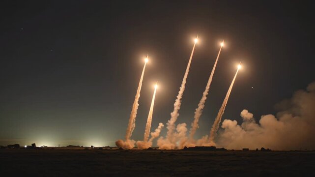 Multiple military missiles launching at night with bright exhaust trails and smoke plumes rocket
