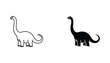 Long-necked dinosaur in a friendly line drawing and solid black silhouette on white background vector art © Emma