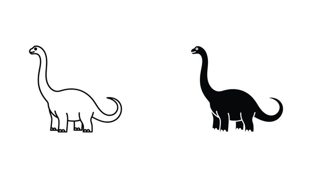 Long-necked dinosaur in a friendly line drawing and solid black silhouette on white background vector art