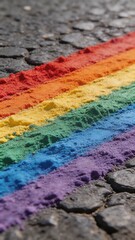 Fototapeta premium A vibrant rainbow-colored powder drawn on a cracked asphalt road surface, symbolizing love, acceptance, and equality.