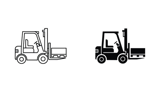 Forklift truck industrial vehicle outline and solid black silhouette vector illustration