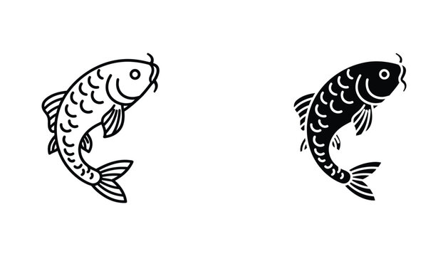 Koi fish swimming gracefully oriental carp symbol outline and silhouette vector art