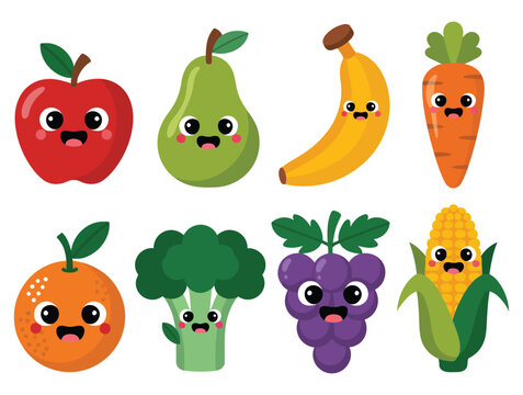 Cute cartoon fruit and vegetable faces with smiling expressions, colorful healthy food characters for kids.