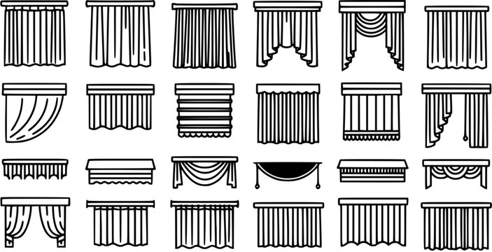 Home Decor Window Treatments Line Art Icons Set. Black and White Outline Drapes, Curtains, and Blinds for Interior Design  Architecture.