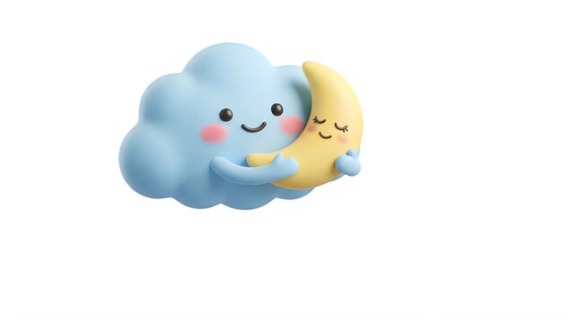 Cute cartoon cloud and crescent moon hugging each other in space transparent background