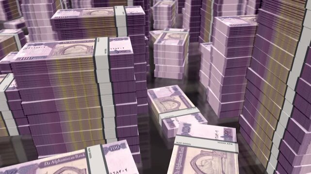 Afghanistan Afghani Afghan money notes packs loop. 3D flight over 100 AFN banknotes stacks towers. Loopable seamless abstract background concept of business, economy crisis and finance.