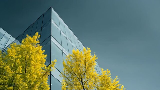 Glass office building corner with yellow spring trees