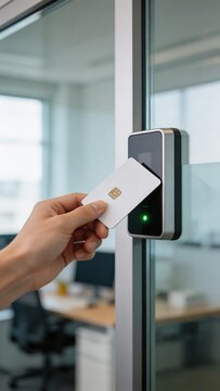 A modern office security system with a card reader on a glass door, a hand holding a white card for access control and authentication.