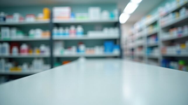 Mostrador de farmacia elegante con estantes difuminados llenos de medicamentos al fondo