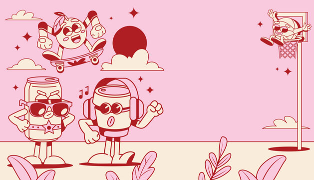 Cartoon Background Scene with Cute Characters and Outdoor Setting