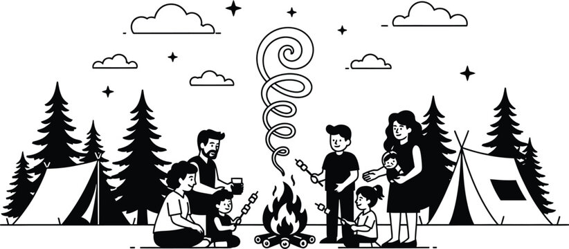 Family camping around campfire in pine forest with tents roasting marshmallows in minimalist black and white vector line art