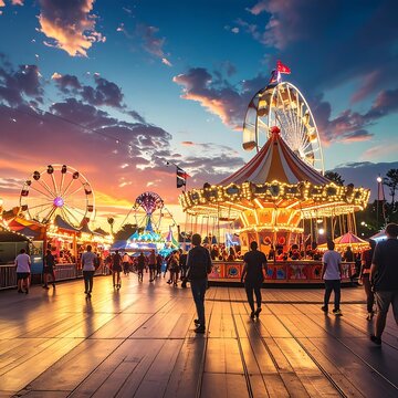 Vibrant evening at the amusement park.