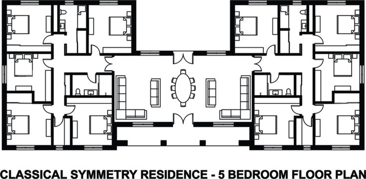 Classical symmetry residence five bedroom floor plan architectural drawing for house construction.